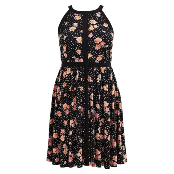 Torrid Plus Size 2X Dress Black Floral Polka Dot Halter A-Line Knee Length NWT